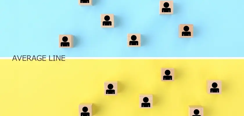 平均ラインを境に上下に配置された人型ブロックでシステムエンジニアの給与分布を表現した画像