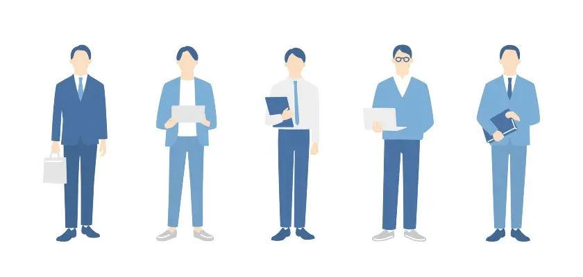 青いスーツを着た5人の男性会社員のイラストでシステムエンジニアの平均給与ランキングを表現している