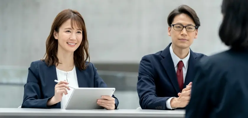 面接でタブレットを持つ女性面接官と男性面接官