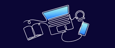 Animated line art showing a laptop connected to a smartphone, headset, and coffee mug on a dark blue background, symbolizing modern digital work.